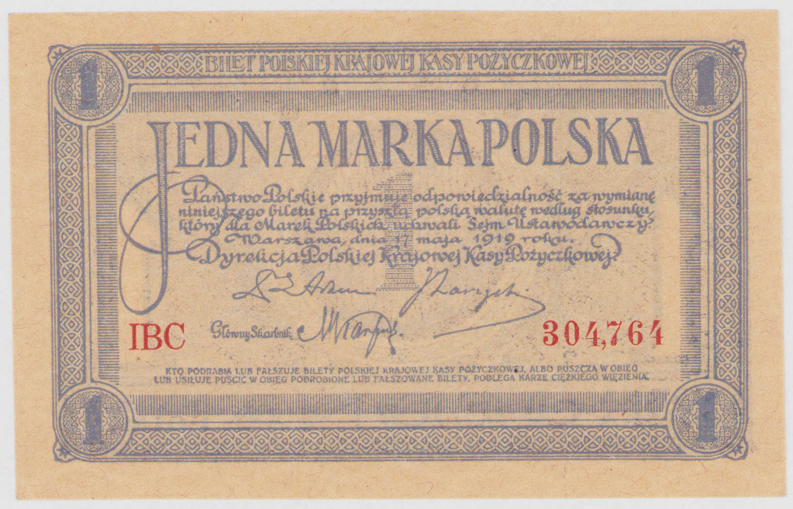 1 marka polska 1919 seria IBC - PIĘKNE